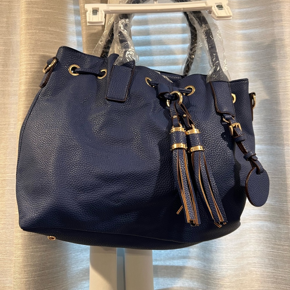 Navy Blue Leather Shoulder Bag with Tassels and Silver Hardware